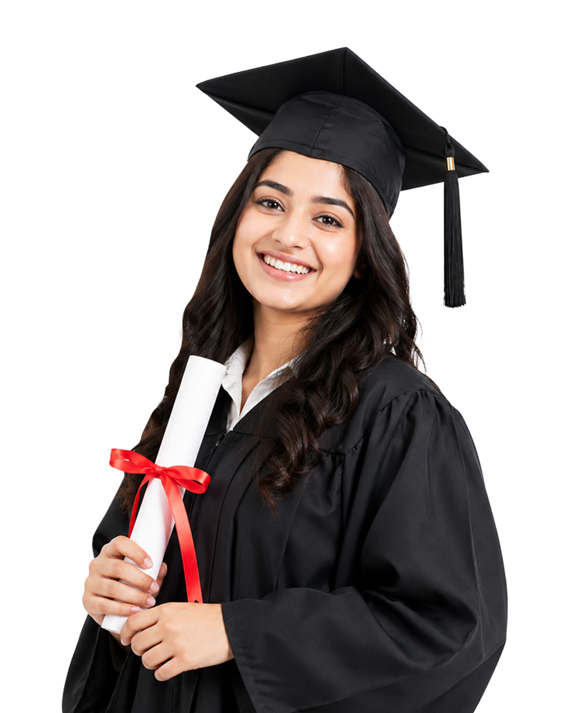 Smiling Indian graduate in cap and gown holding her degree